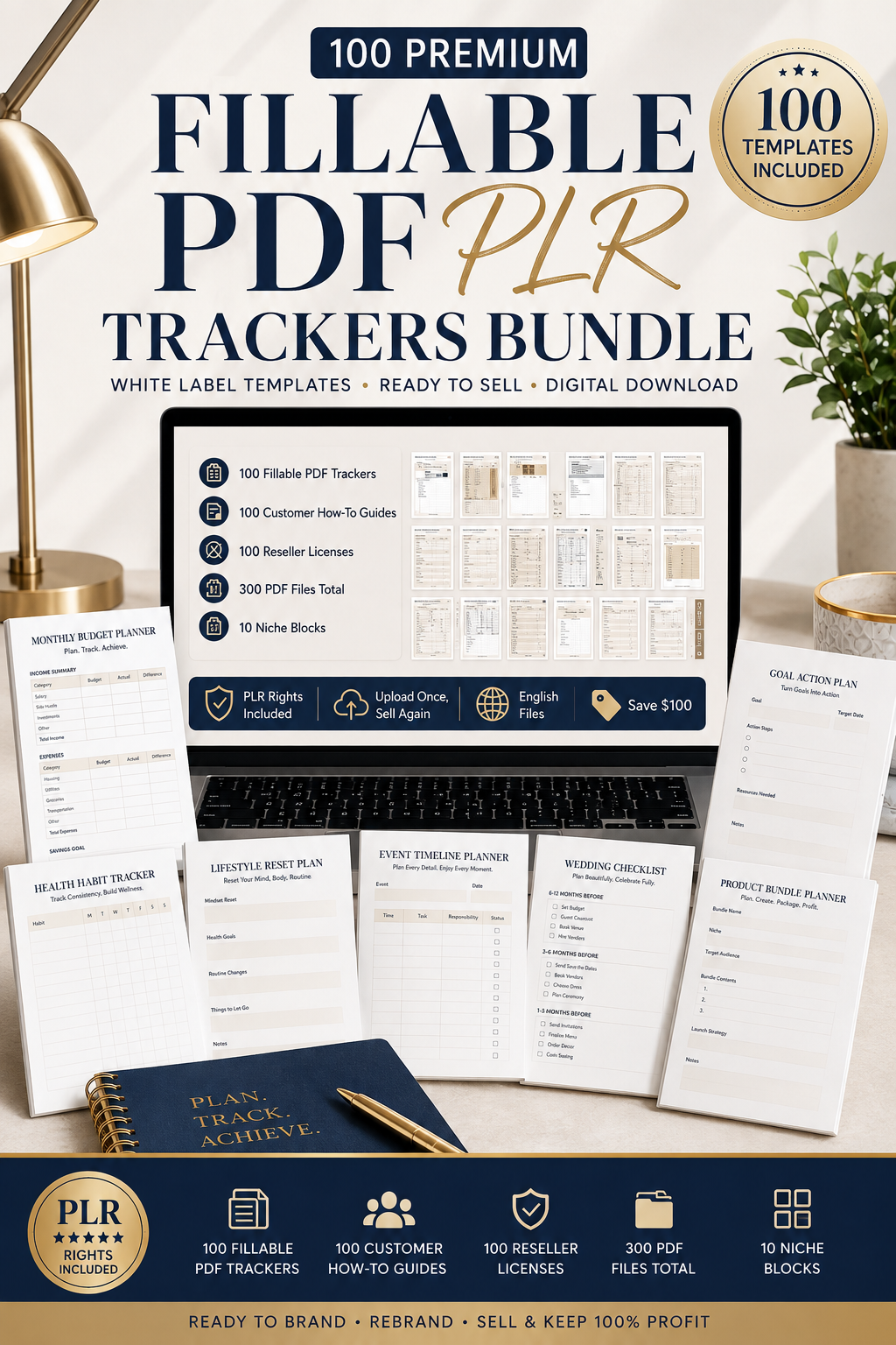 100 Premium Fillable PDF PLR Trackers Bundle White Label Templates • Editable • Ready to Sell